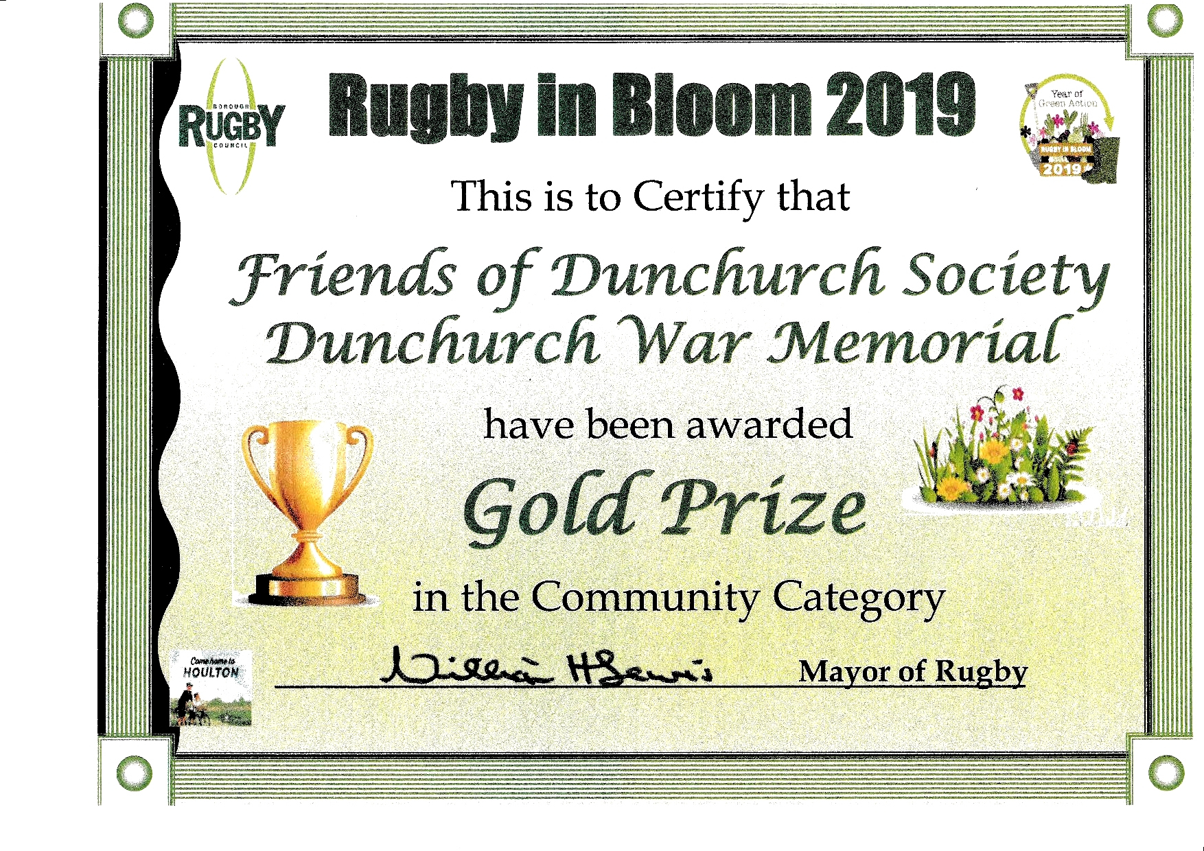 2019 Rugby in Bloom - Gold Winner in CommunityCategory Certificate